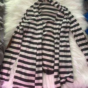 Gray/white striped cardigan with patch on elbows